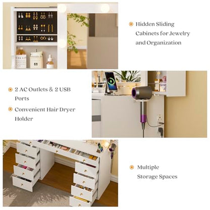 Vanity Desk with Mirror and Lights, White Vanity with Hidden Jewelry Storage Cabinet, Charging Station, 11 Drawers Makeup Vanity with Lights, Crystal Knobs, 3 Color Lighting Modes for Girls
