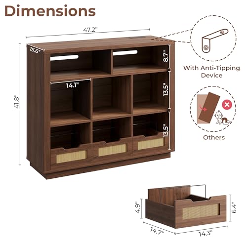 3-Tier Record Player Stand with Charging Station, Vinyl Storage, view 3