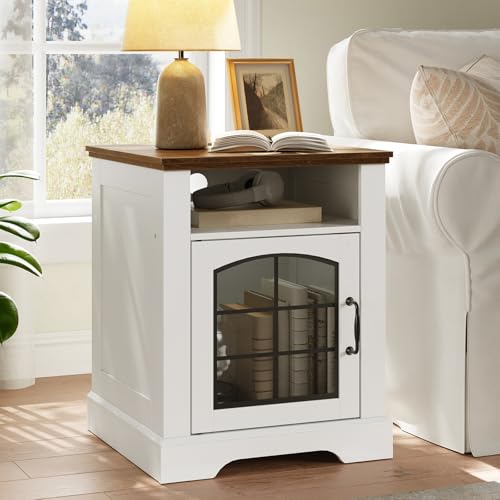 Farmhouse End Table for Living Room, 17.7" Wide Nightstand with Charging Station, Wooden Sofa Side Table with Tempered Glass Barn Door and Open Shelf, White and Walnut WH405UBZ01