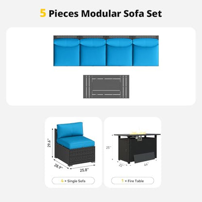 Patio Furniture Set with Fire Pit Table, 5 Piece Outdoor Sectional Sofas, Wicker Rattan Outdoor Furniture with Thickened Cushion for Backyard, Garden Peacock Blue
