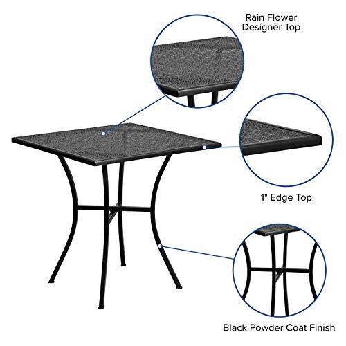 Oia 28" Commercial Grade Steel Patio Table, Modern Square Rain Flower Design Outdoor Dining Table, Black