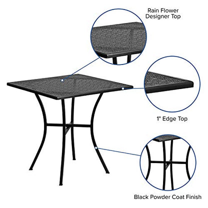 Oia 28" Commercial Grade Steel Patio Table, Modern Square Rain Flower Design Outdoor Dining Table, Black