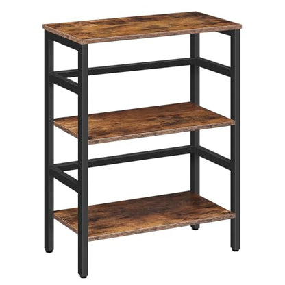 3 Tier Bookshelf, 23.6" L Industrial Bookcase, Record Storage Rack with Side Fence, Storage Shelf with Metal Frame, Rustic Open Display Shelf for Living Room, Bedroom, Rustic Brown BF86CJ01G1