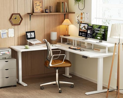 Electric L-Shaped Standing Desk, 59 Inch Height Adjustable Office Desk with Monitor Stand, Sit-Stand Desk with Power Outlets, Large Lift Table for Home, Office, Workstation, White