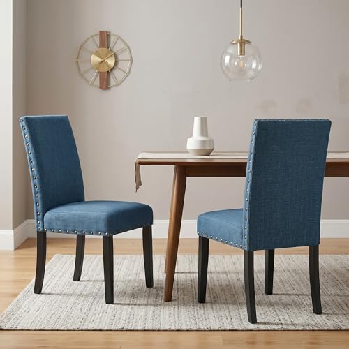 Biony Blue Fabric Dining Chairs with Nailhead Trim, Set of 2