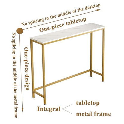 Small Console Table for Entryway, Faux Marble MDF Sofa Table with Golden Frame, Single Layer, White Marble, 9.45" D x 38.19" W x 30" H