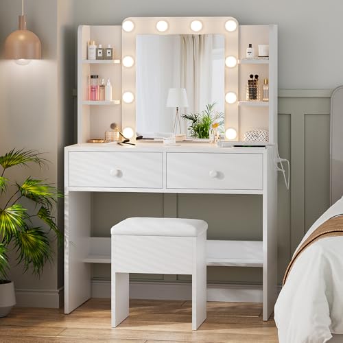 Makeup Vanity Desk with Lighted Mirror and Chair Set, White, view 2