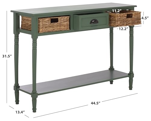SAFAVIEH Home Collection - Christa Entryway Console Table, Dusty Green Solid Wood 3-Drawer Storage Sofa Table with Rattan Baskets (AMH5737J)