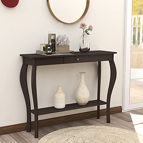 Narrow Console Table with Drawer, Chic Accent Sofa Entryway Table with Shelves for Entryway, Living Room, Hallway, Espresso