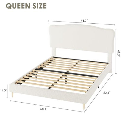 Queen Size Bed Frame with Upholstered Headboard, Beige, view 3