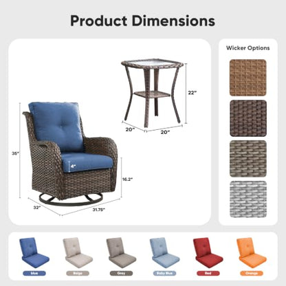 Patio Wicker Chairs Swivel Rocker,Outdoor Patio Furniture Set with Rattan Side Table, All Weather Conversation Set for Porch Poolside Balcony, Brown Wicker/Blue
