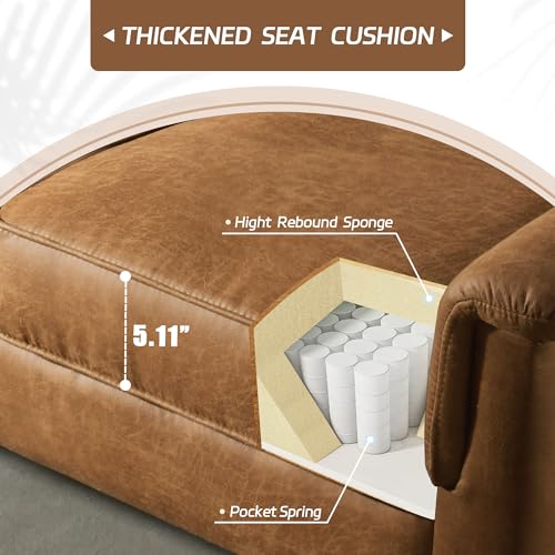 72'' 3-Seater Deep Seat Sofa Couch, Mid-Century Modern Couches, Brown Faux Leather Small Couch for Apartment, Living Room, Bedroom(Light Brown)