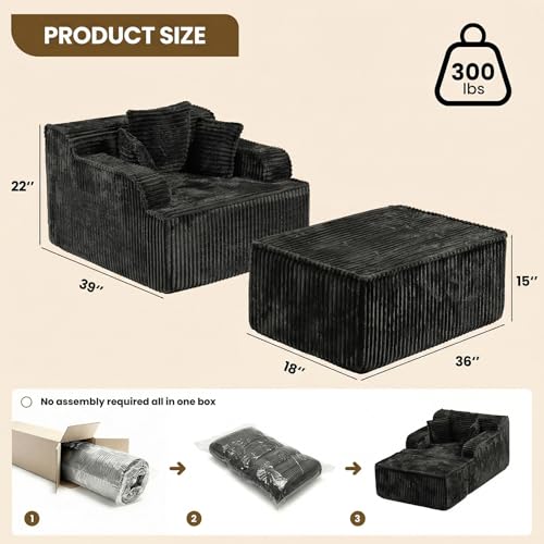 Chaise Lounge Chair Indoor, Boneless Chair with Ottoman, view 3