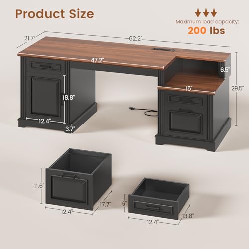 Farmhouse Executive Desk, 62'' Home Office Desk with File Drawers, view 3