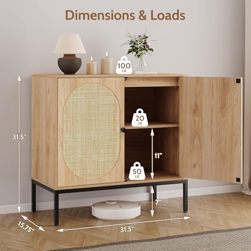 Set of 2 63" Sideboard Cabinet with Natural Rattan Hand-Woven Doors, Rattan Cabinet, Accent Buffet Storage Console Cane Credenza, for Living Room Entryway, Metal Legs/Natural