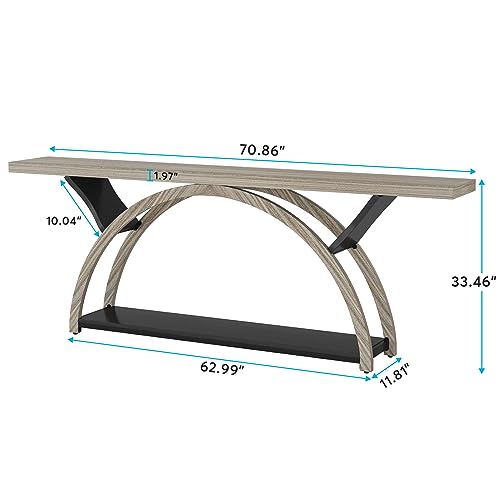 Tribesigns 70.87" Console Table with Storage Shelf, Narrow Long Sofa Table Behind Couch Table, 2-Tier Rustic Entryway Table with Half Moon Frame for Hallway Living Room, Gray & Black (Gray & Black)