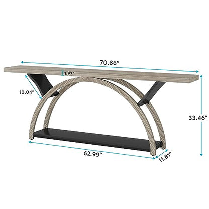 Tribesigns 70.87" Console Table with Storage Shelf, Narrow Long Sofa Table Behind Couch Table, 2-Tier Rustic Entryway Table with Half Moon Frame for Hallway Living Room, Gray & Black (Gray & Black)