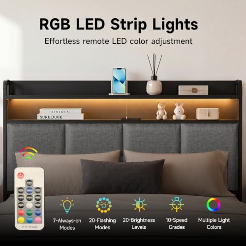 King Upholstered Metal Platform Bed Frame with RGB LED & Charging, view 5