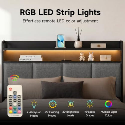 King Upholstered Metal Platform Bed Frame with RGB LED & Charging, view 5