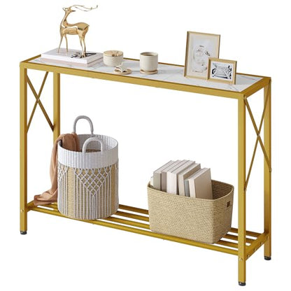 Entryway Table 41.8”, 2-Tier Entry Way Console Entrance Table, Narrow Sofa Table with Shelves, Ideal for Hallway, Entryway, Living Room, Foyer, Corridor, and Office (Gold & White)