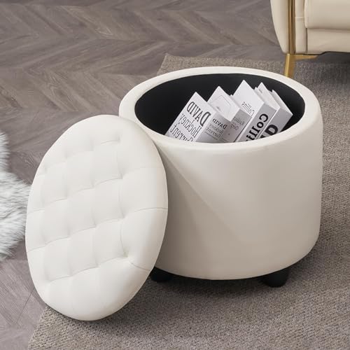 Round Storage Ottoman with Cover Lid Tufted, 19" Round Ottoman with Storage Faux Leather Ottomans for Living Room Bedroom Dorm (Ivory White)