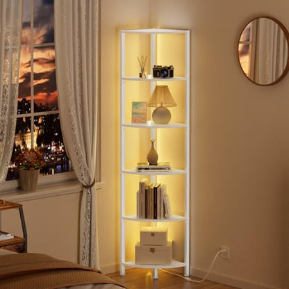 6 Tier Corner Shelf with LED Light, 67.5” Tall Standing Shelf Organizer, White Narrow Bookshelf with Storage Rack for Wall Corner, Living Room, Bedroom, Metal Frame, Wood Display Shelf