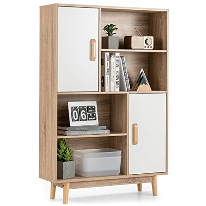 Storage Cabinet with Legs, Floor Cabinet with Doors, Shelves, Anti-Tipping Device, 4-Tier Bookshelf for Books & Photos, Tall Cupboard in Living Room, Kitchen Buffet Sideboard