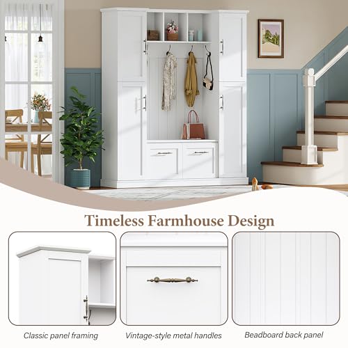 ON-TREND Farmhouse Elegant Hall Tree with 4 Side Cabinets, All-in-One Mudroom Furniture with Adjustable Shelves & Open Cubbies, Beadboard Entryway Bench with Coat Rack & 5 Hooks for Hallway, White