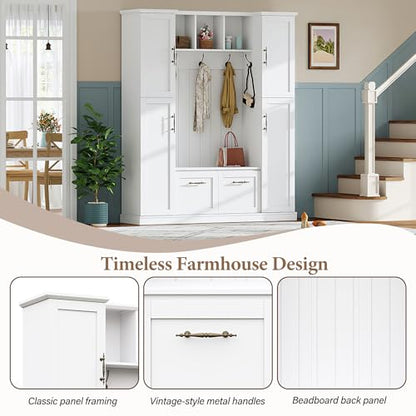 ON-TREND Farmhouse Elegant Hall Tree with 4 Side Cabinets, All-in-One Mudroom Furniture with Adjustable Shelves & Open Cubbies, Beadboard Entryway Bench with Coat Rack & 5 Hooks for Hallway, White