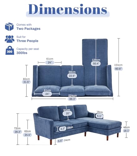 88" L-Shape Sofa, Chenille Sectional Couch, Mid Century Modern Couches with Solid Wood Frame for Living Room Bedroom