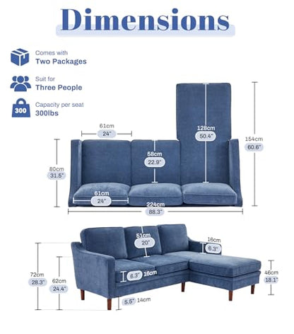 88" L-Shape Sofa, Chenille Sectional Couch, Mid Century Modern Couches with Solid Wood Frame for Living Room Bedroom