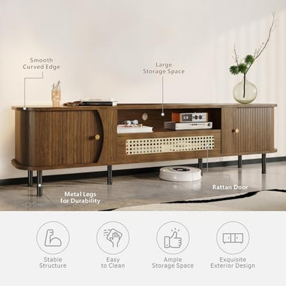 71" Fluted TV Stand with Sliding Doors, TV Consoles for Living Room, Walnut, view 7