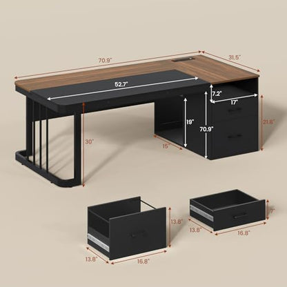 70.9" Executive Desk with Power Outlet, Large Office Desk with Drawers & Lateral File Cabinet, Long Computer Desk with Adjustable Storage Shelves, Modern Workstation Business Furniture (Walnut)