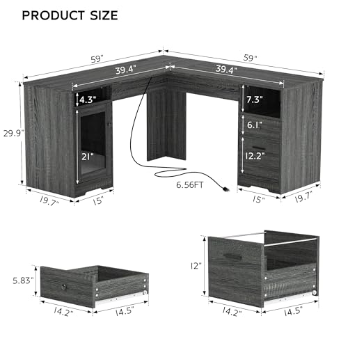L Shaped Desk with File Cabinet, Corner Computer Desk with Storage Drawers, Large Home Office Table with Power Outlets, 60 Inch (Grey)