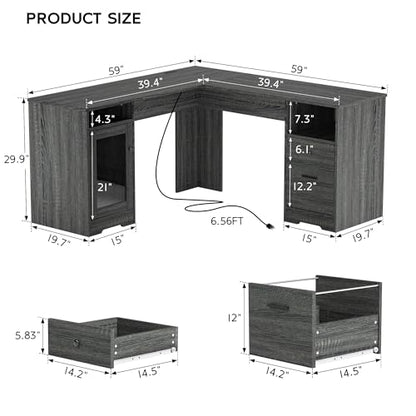 L Shaped Desk with File Cabinet, Corner Computer Desk with Storage Drawers, Large Home Office Table with Power Outlets, 60 Inch (Grey)