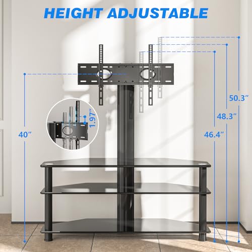 Corner Swivel Glass TV Stand with Mount for 32-70 Inch Screen TV up to 110lbs, Height Adjustable Corner TV Stand with Mount, Entertainment Center with TV Mount and 3-Tier Storage for AV Media