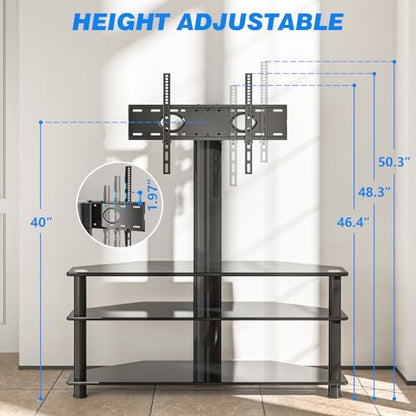 Corner Swivel Glass TV Stand with Mount for 32-70 Inch Screen TV up to 110lbs, Height Adjustable Corner TV Stand with Mount, Entertainment Center with TV Mount and 3-Tier Storage for AV Media