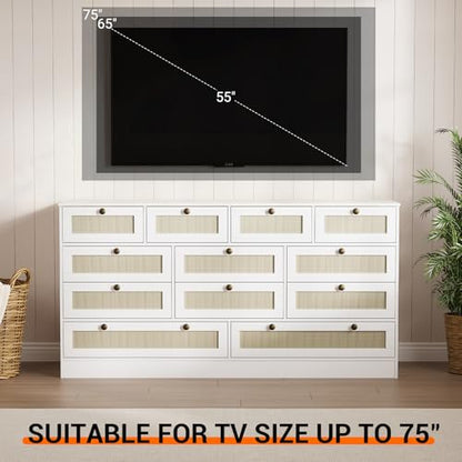 12 Drawer Wooden Dresser for Bedroom, Rattan Chest of Drawers for Closet, Living Room, Hallway, 61 Inch Wood Wide TV Stand Dressers for 65 Inch TV, Modern Dresser for Adult Room