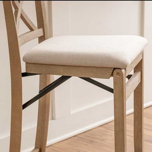 Triena X Back Neutral Greywash Wooden Fully Assembled Folding 24 Inch Seat Height Counter Stool with Beige Upholstered Seat