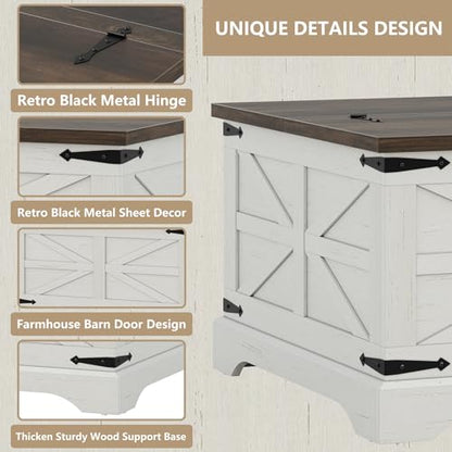 Farmhouse Lift Top Coffee Table, Square Wood Center Table with Large Hidden Storage Compartment for Living Room, Rustic Cocktail White Modern Table with Hinged Lift Top, Brown Top