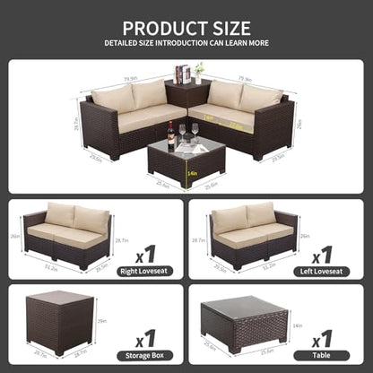 Patio Furniture Set 4 Piece Conversation Sets Brown Rattan Outdoor Couch Loveseat Wicker Sectional Sofa with Storage Box Glass Top Table, Khaki Cushion