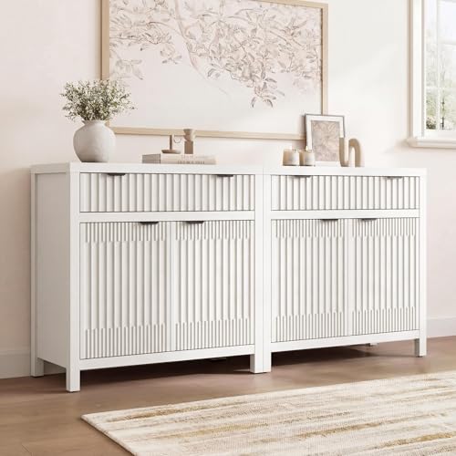 Fluted Buffet Cabinet with Storage, 34" Tall Modern Arched Sideboard Cabinet w/AdjustableShelves,Wooden Modular Coffee Bar for Dining Room, Kitchen, Living Room, Entryway, White