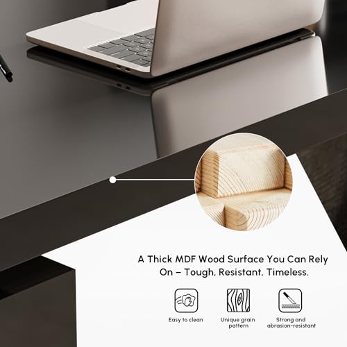 70.9" Modern L-Shape Executive Desk, Home Office Desk with Drawers & Cabinet Modern Computer Desk for Home Business Furniture, Black, Right Hand
