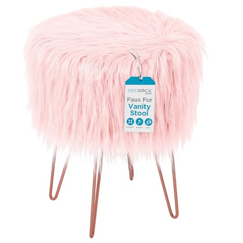 Pink Faux Fur Vanity Stool Chair - Soft Furry Compact Padded Seat - Vanity, Living Room, Bedroom and Kids Room Chairs - Hair Pin Metal Legs Upholstered Decorative Furniture Foot Rest