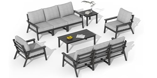 HDPE Patio Furniture Set, 10 Pieces Sectional Outdoor Furniture Set, All Weather Outdoor Couch Set Patio Conversation Set for Deck, Lawn, Black