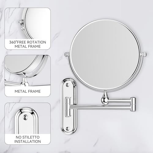 8-Inch Wall Mount Makeup Mirror with 20X Magnification for Bathroom - 360° Rotation & Extended Arm Chrome Dual-Sided Bathroom Mirror for Makeup, Skincare for Mom (8in,20X)