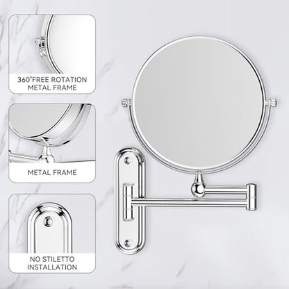 8-Inch Wall Mount Makeup Mirror with 20X Magnification for Bathroom - 360° Rotation & Extended Arm Chrome Dual-Sided Bathroom Mirror for Makeup, Skincare for Mom (8in,20X)