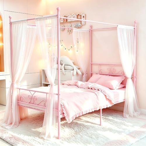 Twin Canopy Bed Frame with Headboard, Metal Twin Beds for Kids, Pink, view 3