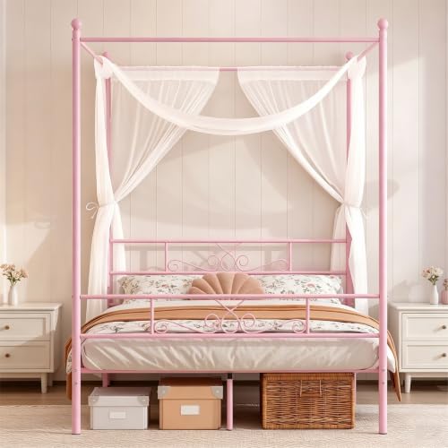 Full Metal Canopy Platform Bed Frame with Headboard, Pink, view 4