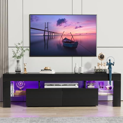 TV Stand, Modern Lighting TV Cabinet Entertainment Center Media and Open Shelf, TV Console Table with 1 Drawer and Remote Control, 20 Color LED Lights up to 70 Inch TV (Black)